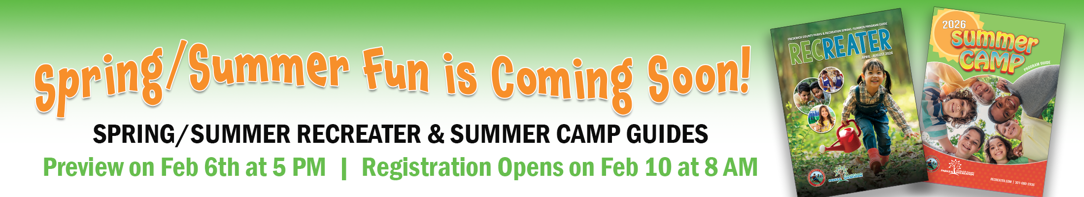 Website Banner announcing Spring and Summer registration open dates